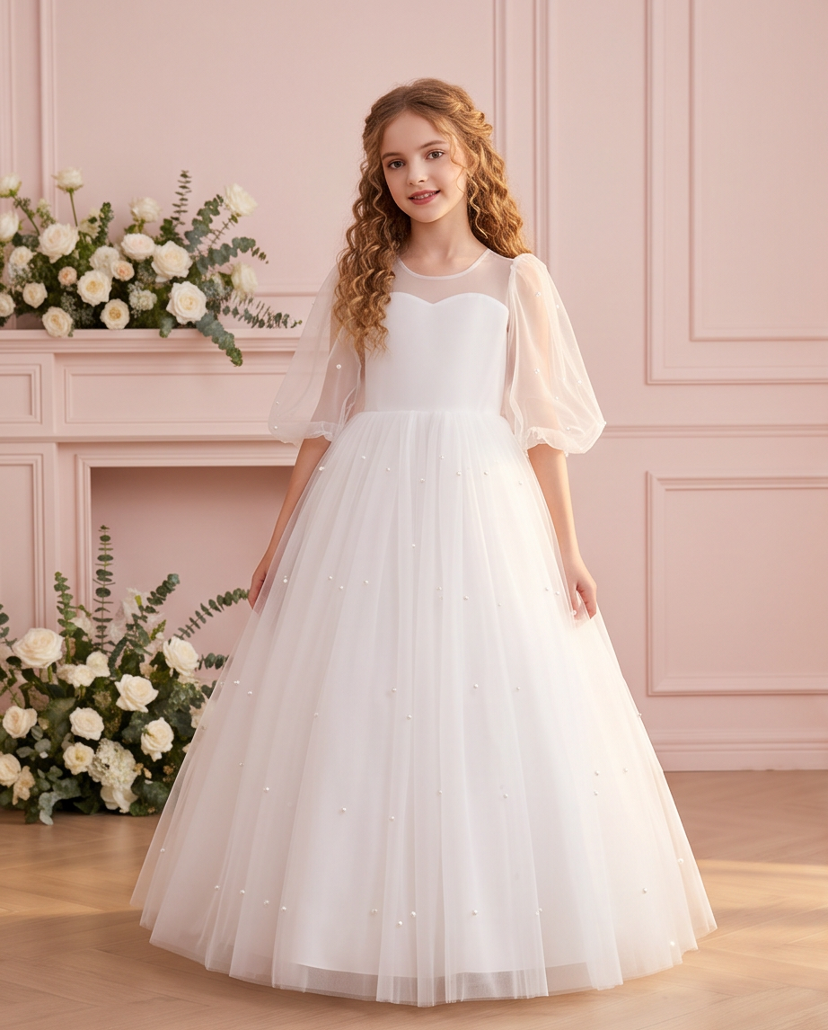 Pearl Reverie White Puff Sleeve Communion Dress