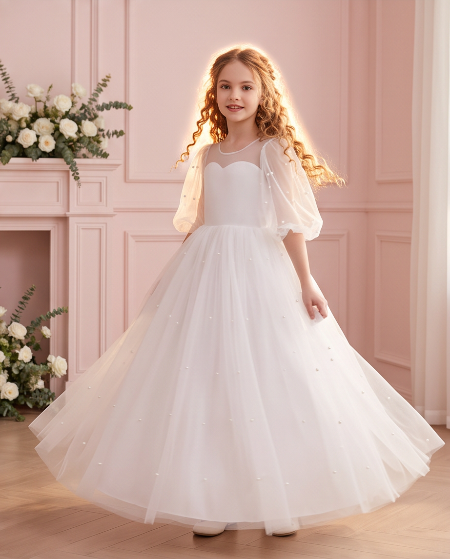 Girl wearing the Pearl Reverie white communion dress beside a floral fireplace, showing the full skirt.