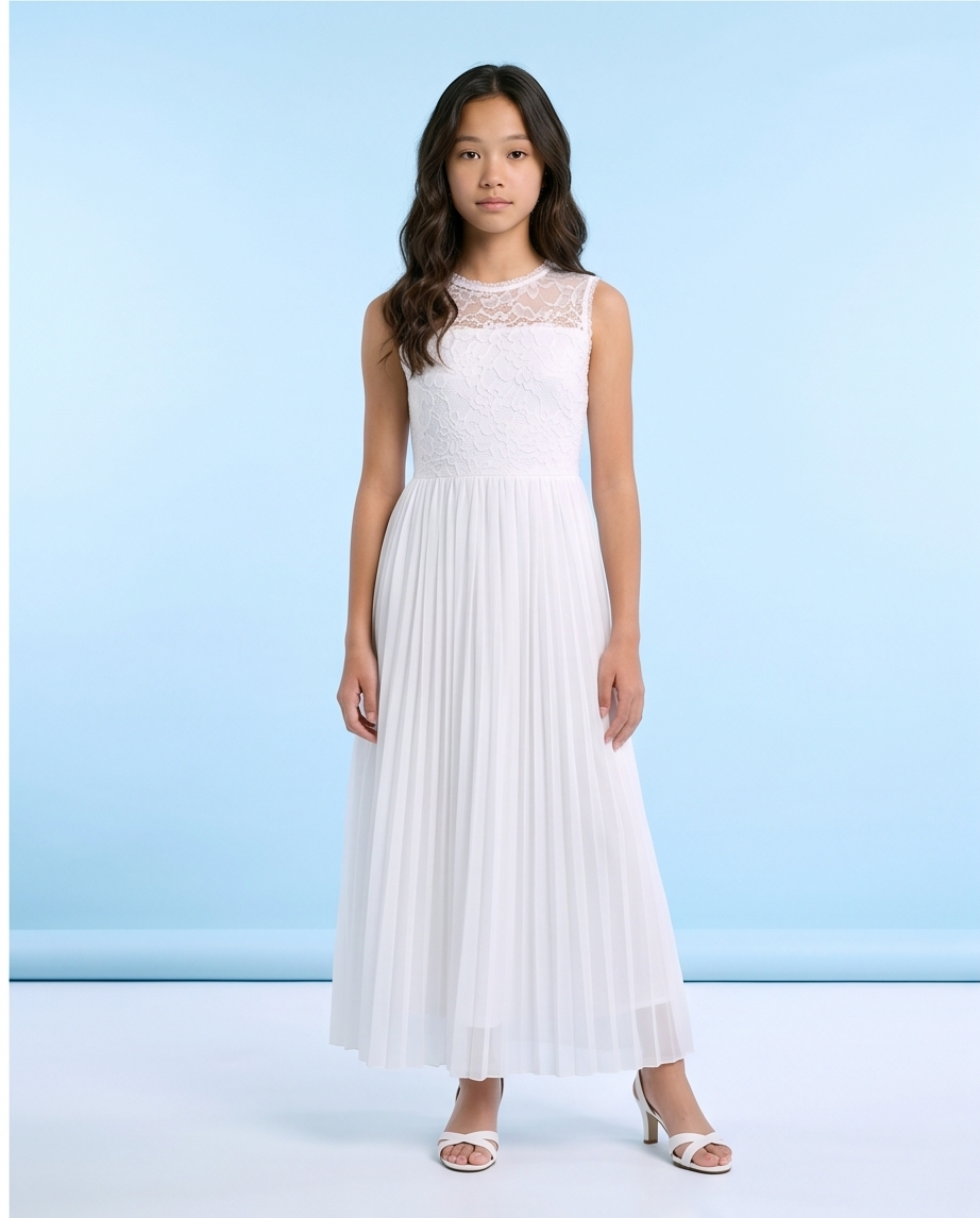 Aurelie White Lace & Pleated Communion Dress