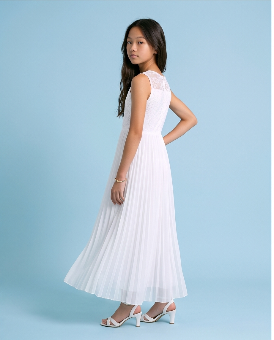 Aurelie White Lace & Pleated Communion Dress