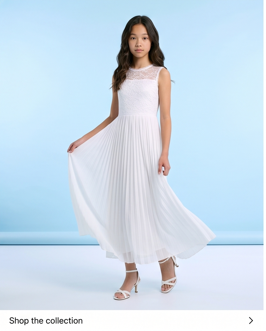 Aurelie White Lace & Pleated Communion Dress