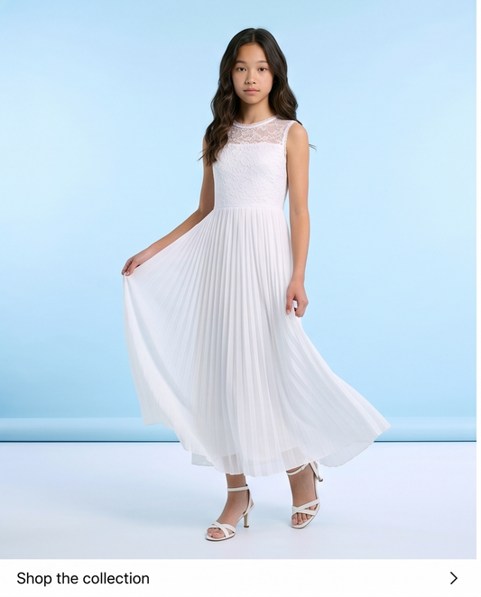 Aurelie White Lace & Pleated Communion Dress
