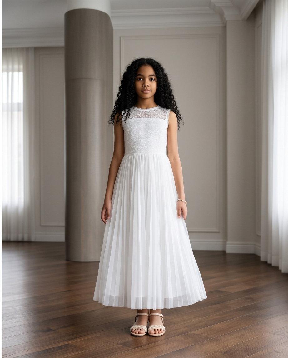 Aurelie White Lace & Pleated Communion Dress