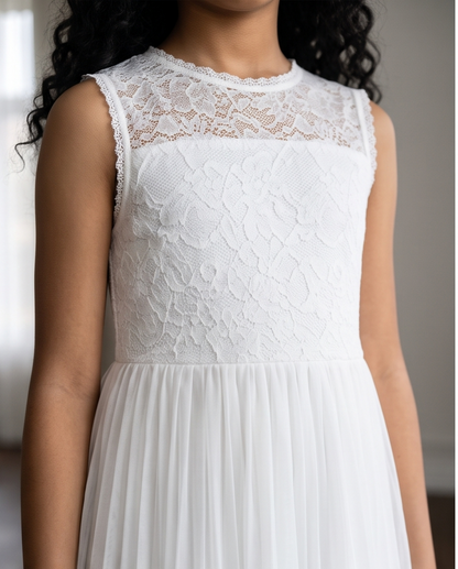 Aurelie White Lace & Pleated Communion Dress