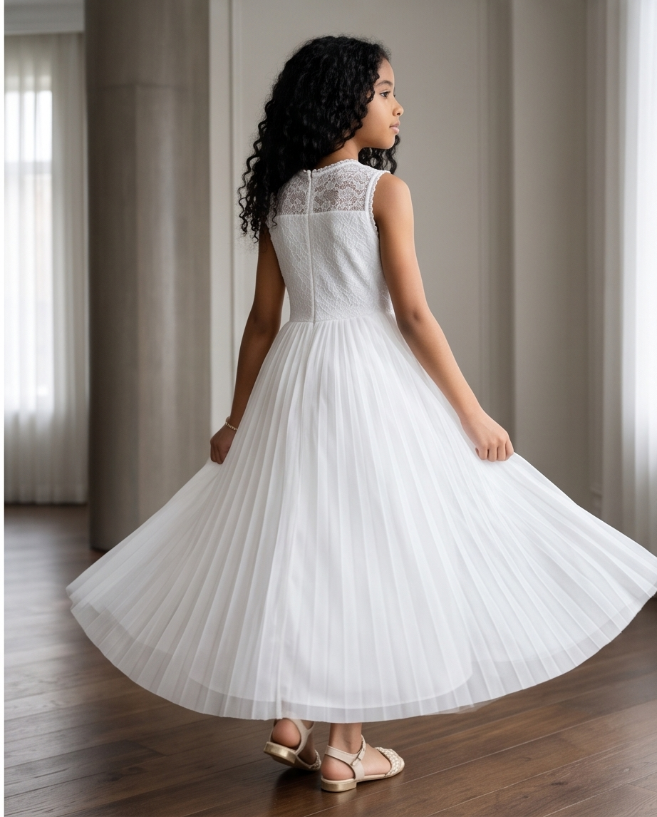 Aurelie White Lace & Pleated Communion Dress