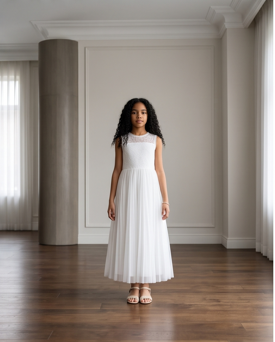 Aurelie White Lace & Pleated Communion Dress
