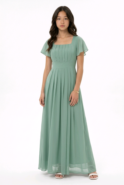 Sage Green Flutter Sleeve Pleated Occasion Dress