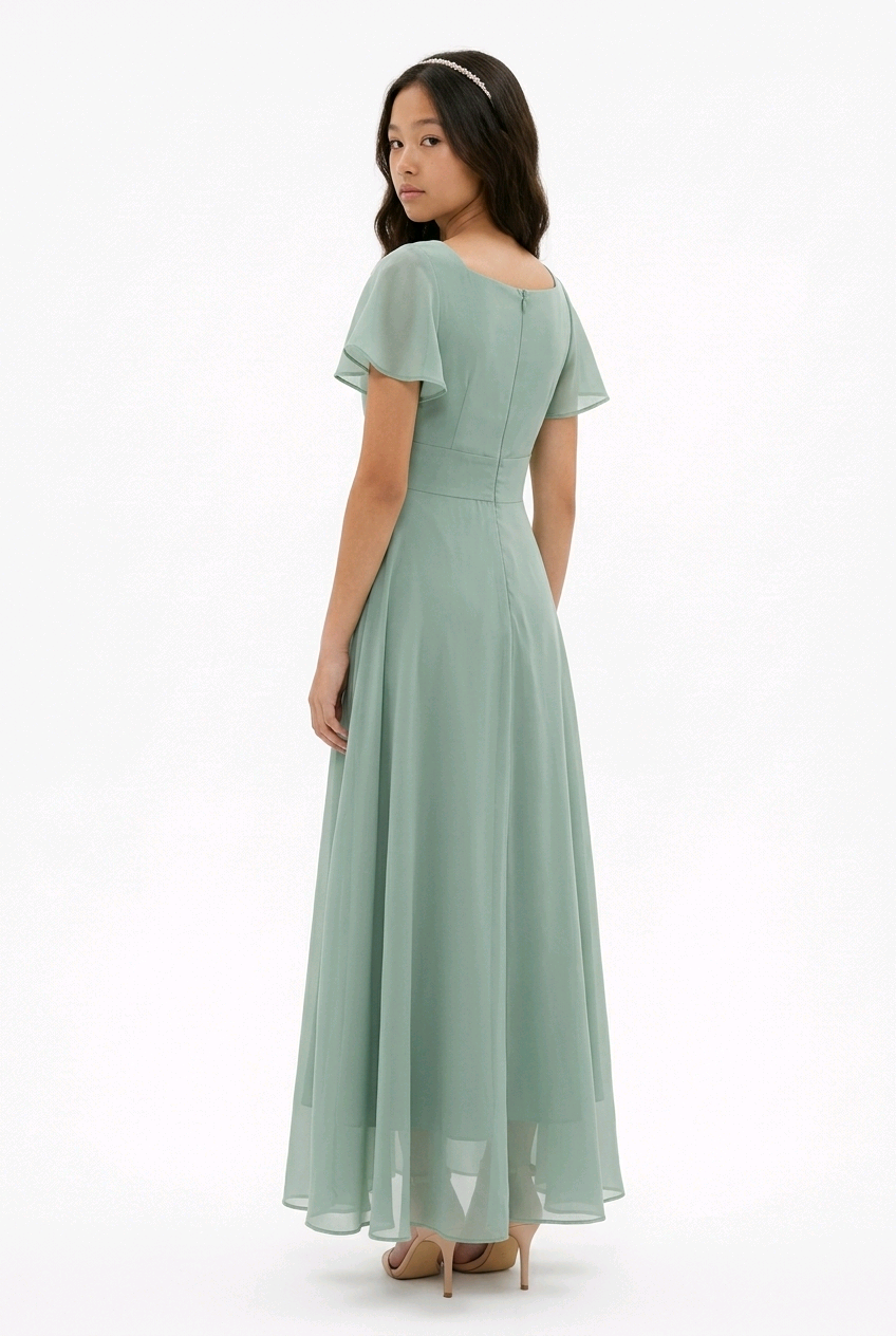 Sage Green Flutter Sleeve Pleated Occasion Dress