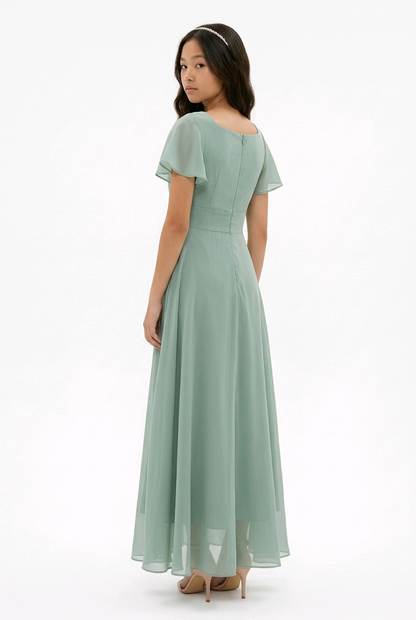 Sage Green Flutter Sleeve Pleated Occasion Dress