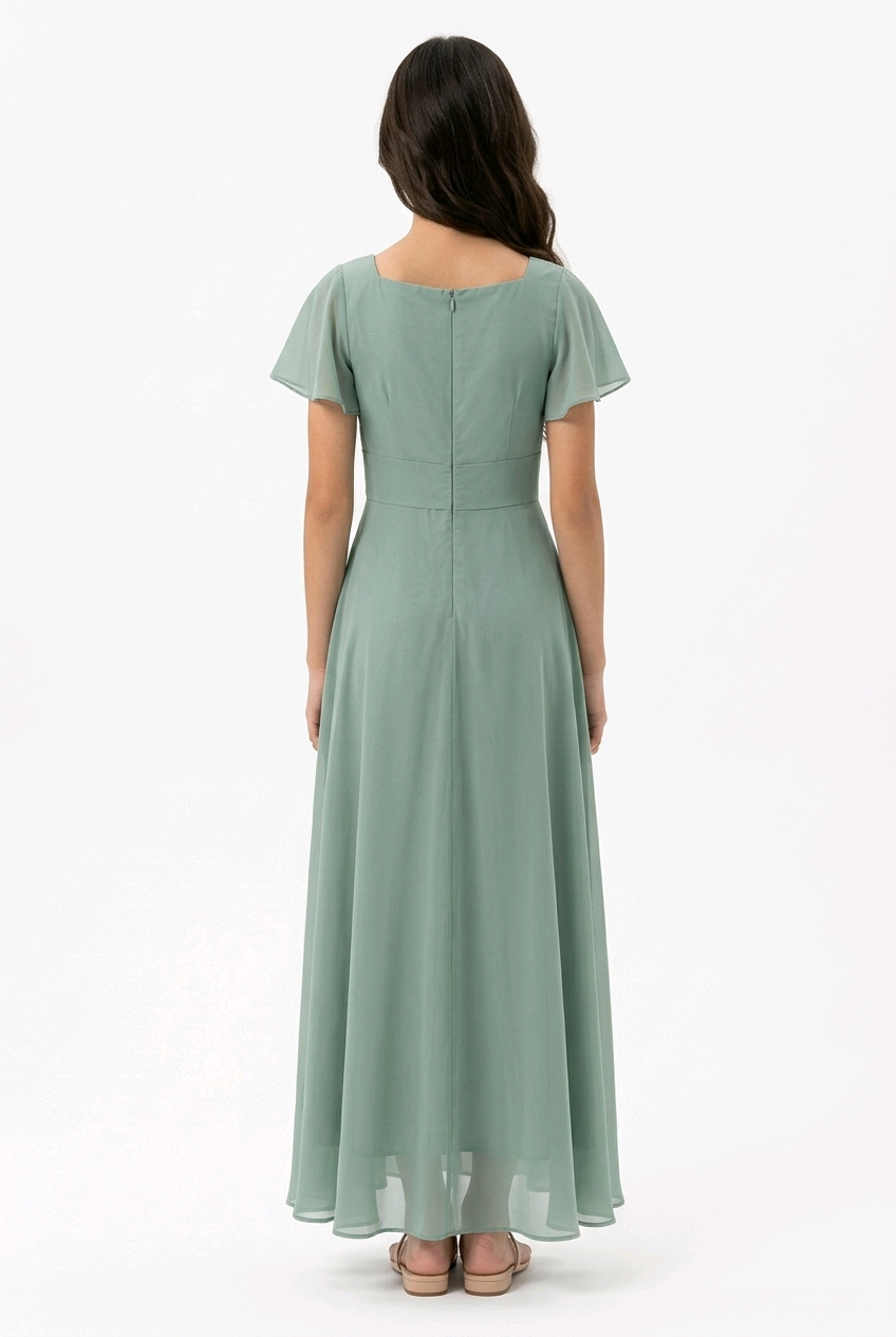 Sage Green Flutter Sleeve Pleated Occasion Dress