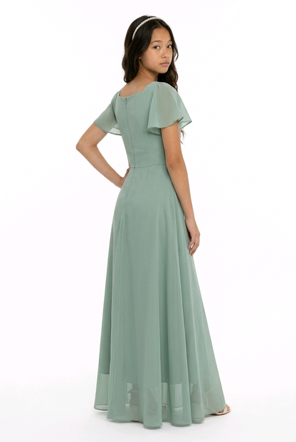 Sage Green Flutter Sleeve Pleated Occasion Dress