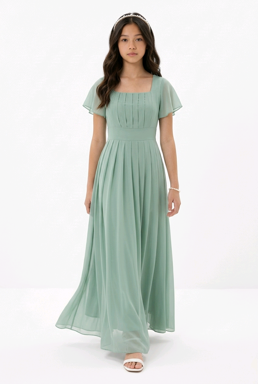 Sage Green Flutter Sleeve Pleated Occasion Dress
