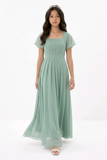 Sage Green Flutter Sleeve Pleated Occasion Dress