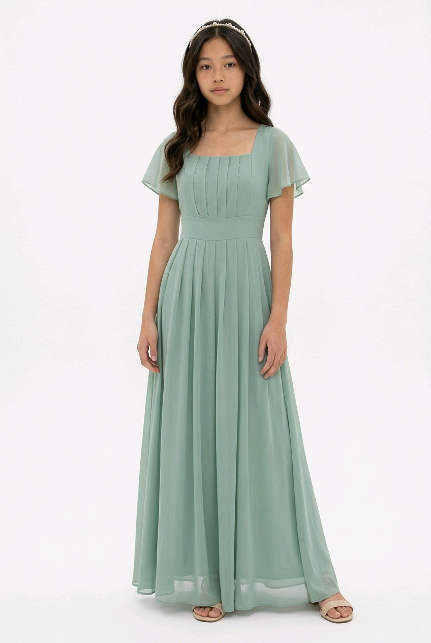 Sage Green Flutter Sleeve Pleated Occasion Dress