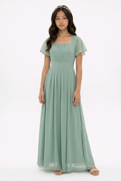 Sage Green Flutter Sleeve Pleated Occasion Dress