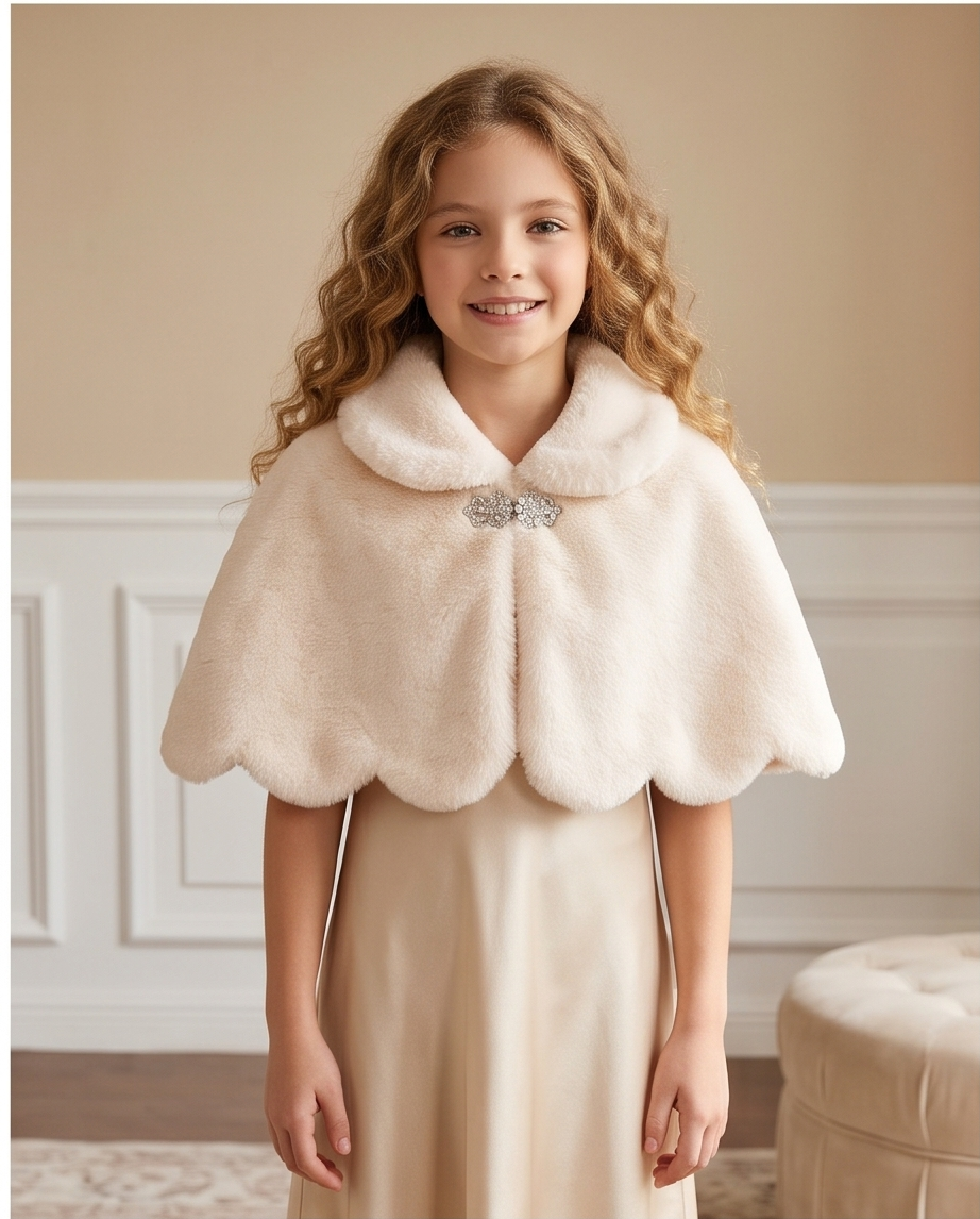 Girls Ivory Scalloped Capelet with Sparkling Clasp
