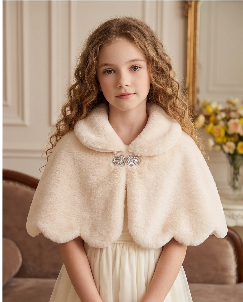 Girls Ivory Scalloped Capelet with Sparkling Clasp