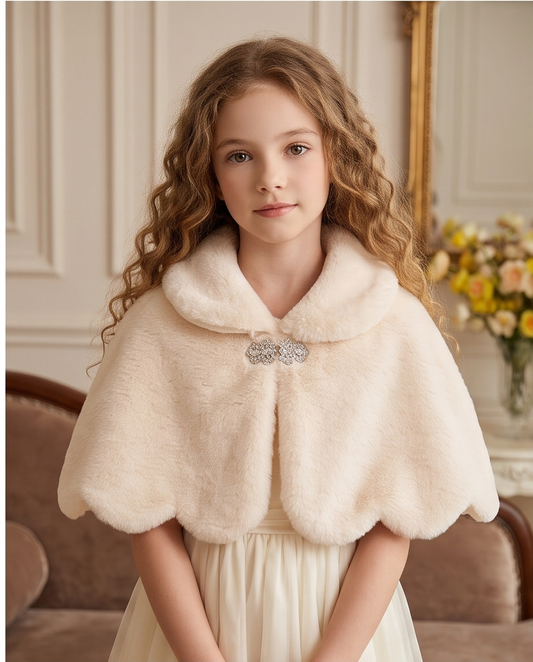Girls Ivory Scalloped Capelet with Sparkling Clasp