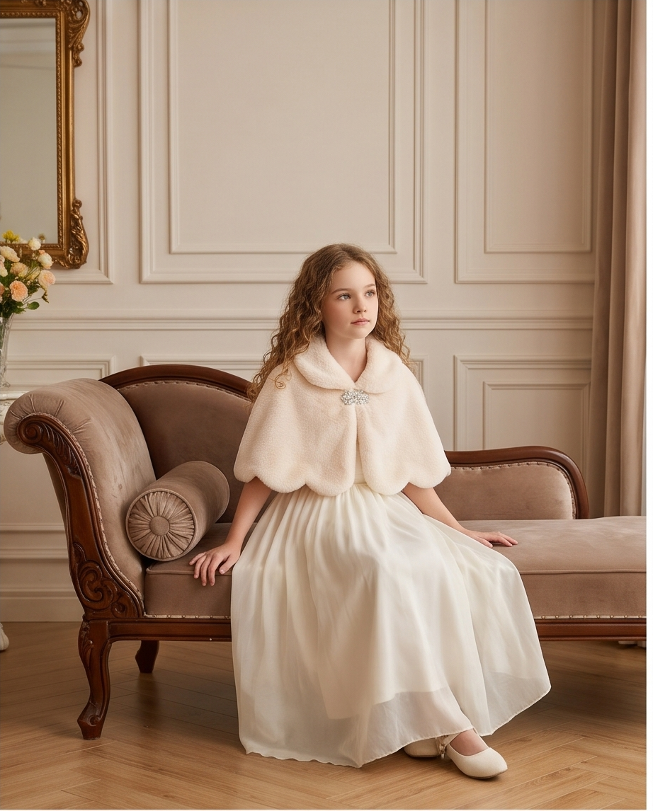 Girls Ivory Scalloped Capelet with Sparkling Clasp