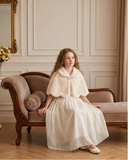 Girls Ivory Scalloped Capelet with Sparkling Clasp