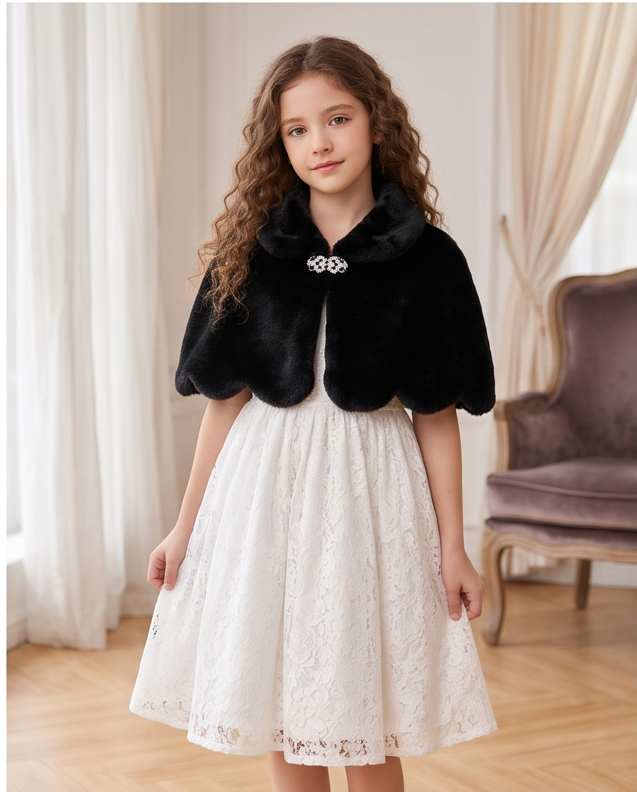 Girls Black Scalloped Capelet with Sparkling Clasp