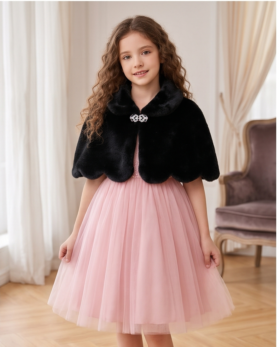 Girls Black Scalloped Capelet with Sparkling Clasp