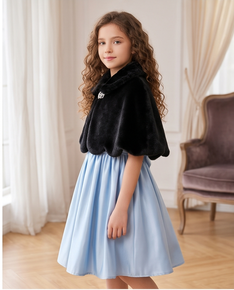 Girls Black Scalloped Capelet with Sparkling Clasp