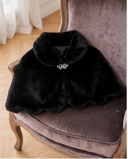 Girls Black Scalloped Capelet with Sparkling Clasp