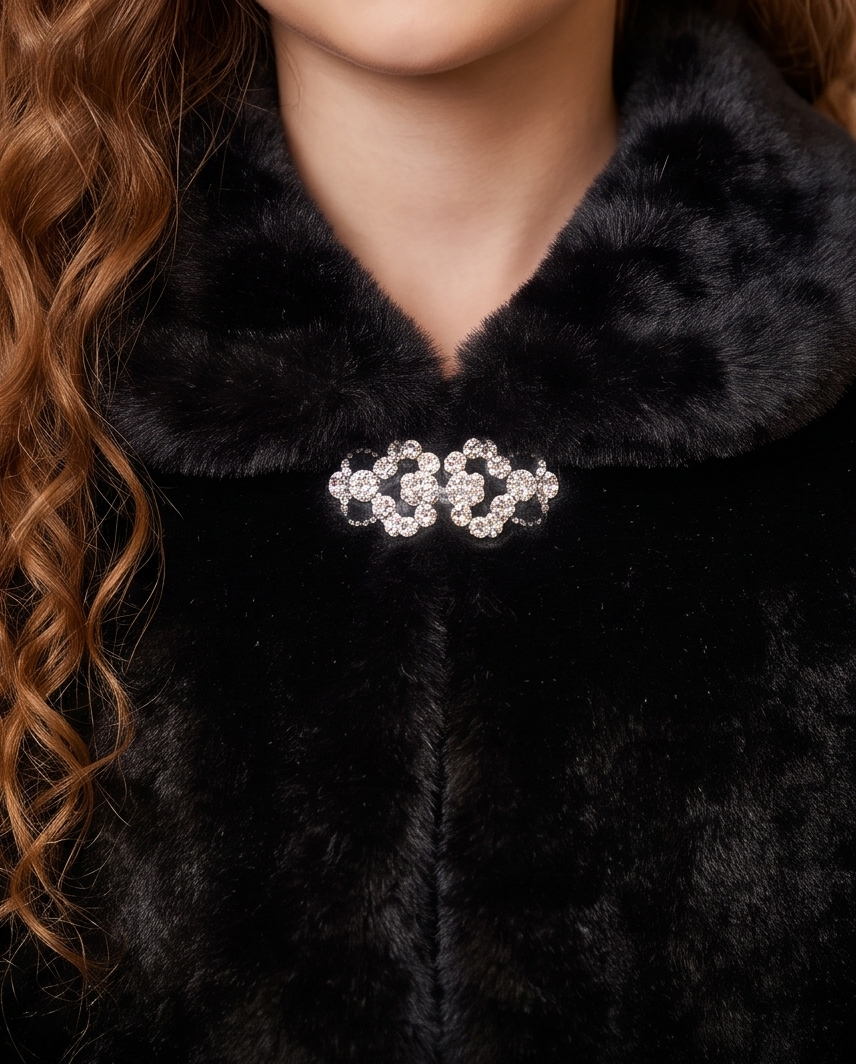 Girls Black Scalloped Capelet with Sparkling Clasp