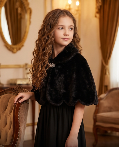 Girls Black Scalloped Capelet with Sparkling Clasp