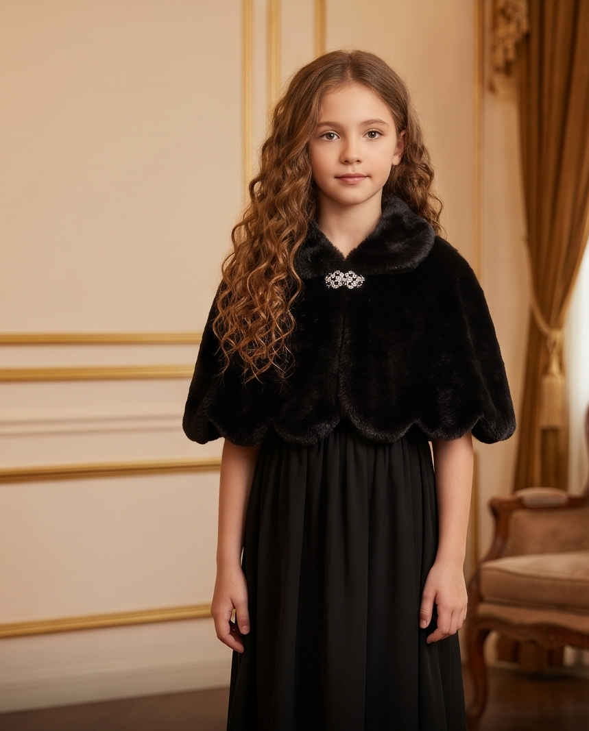 Girls Black Scalloped Capelet with Sparkling Clasp