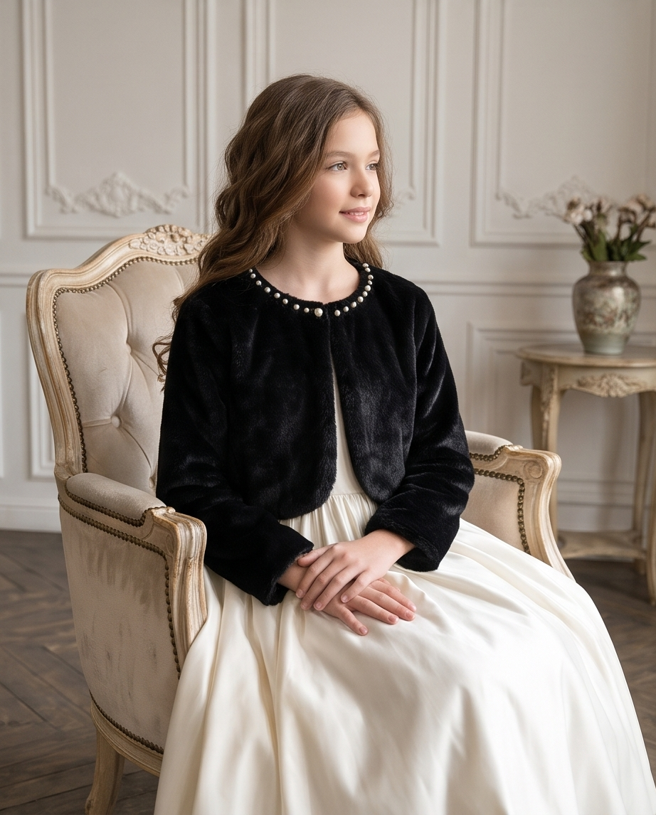 Girls Black Pearl-Trim Bolero