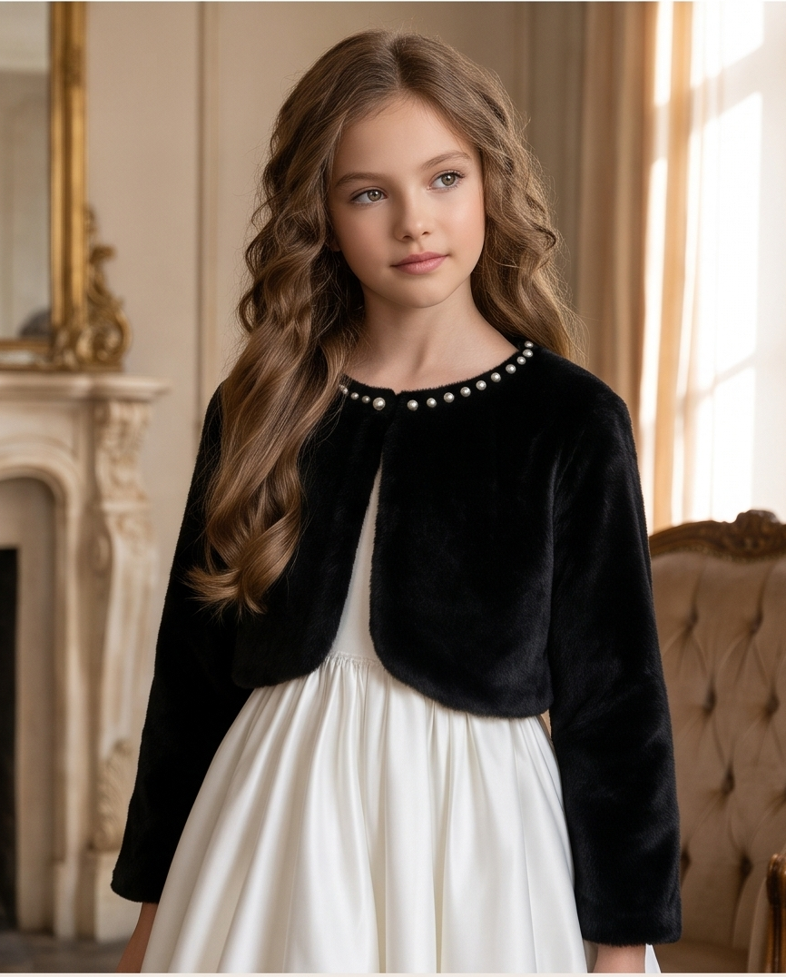 Girls Black Pearl-Trim Bolero