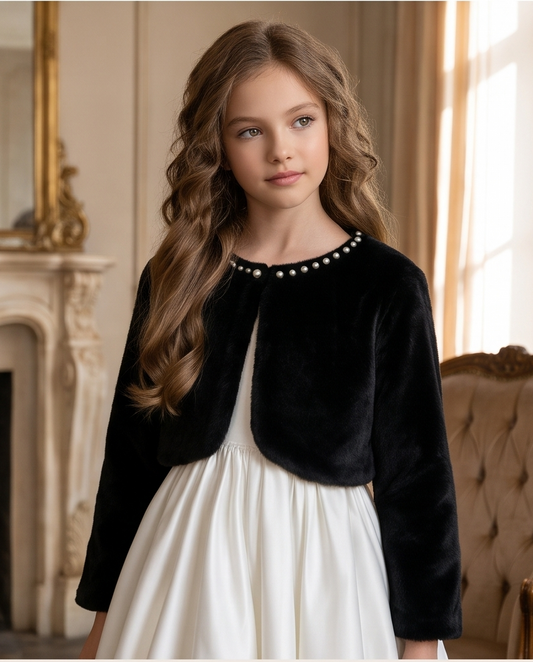 Girls Black Pearl-Trim Bolero