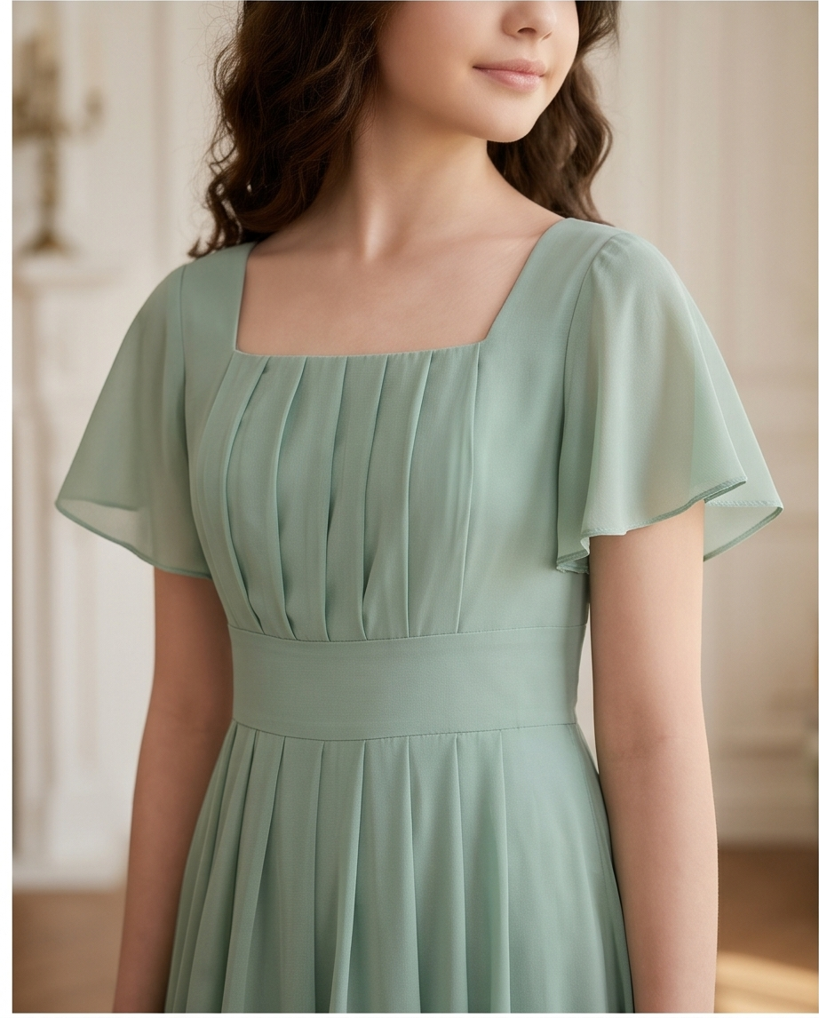 Sage Green Flutter Sleeve Pleated Occasion Dress