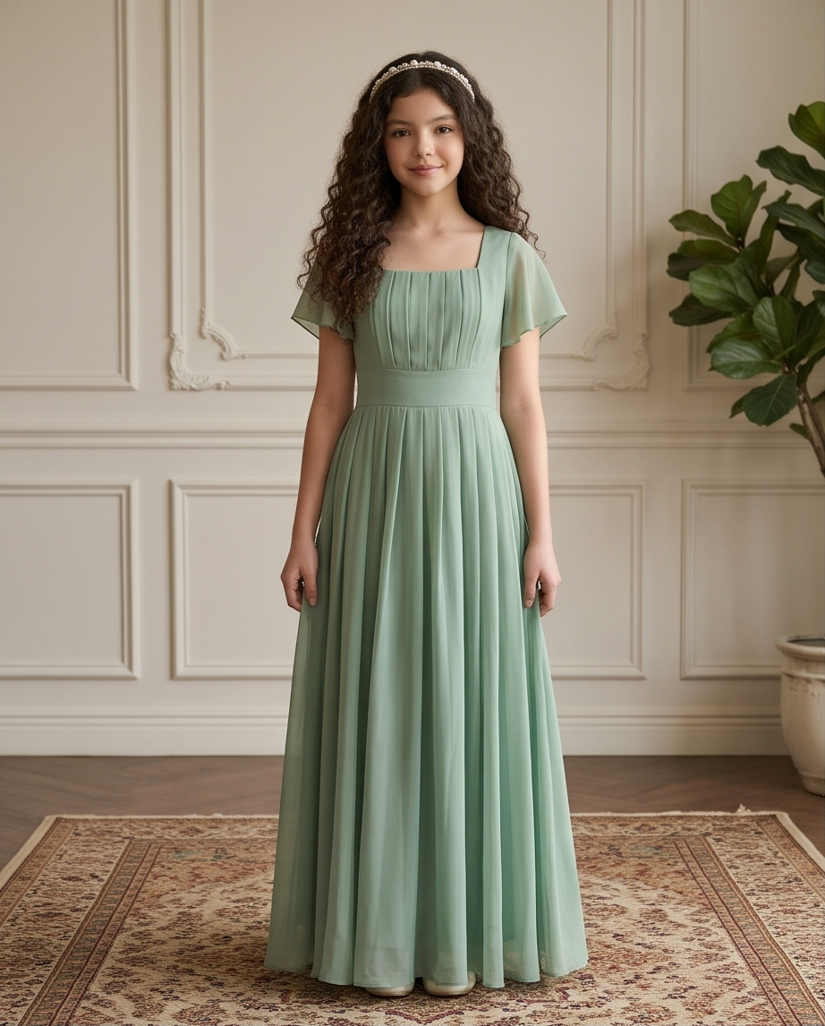 Sage Green Flutter Sleeve Pleated Occasion Dress