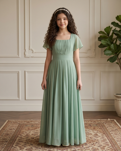 Sage Green Flutter Sleeve Pleated Occasion Dress