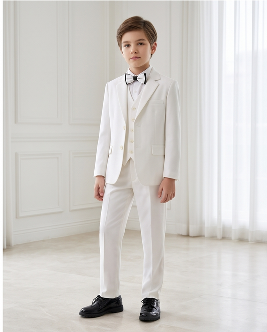 Back view of boys’ white formal suit jacket and trousers