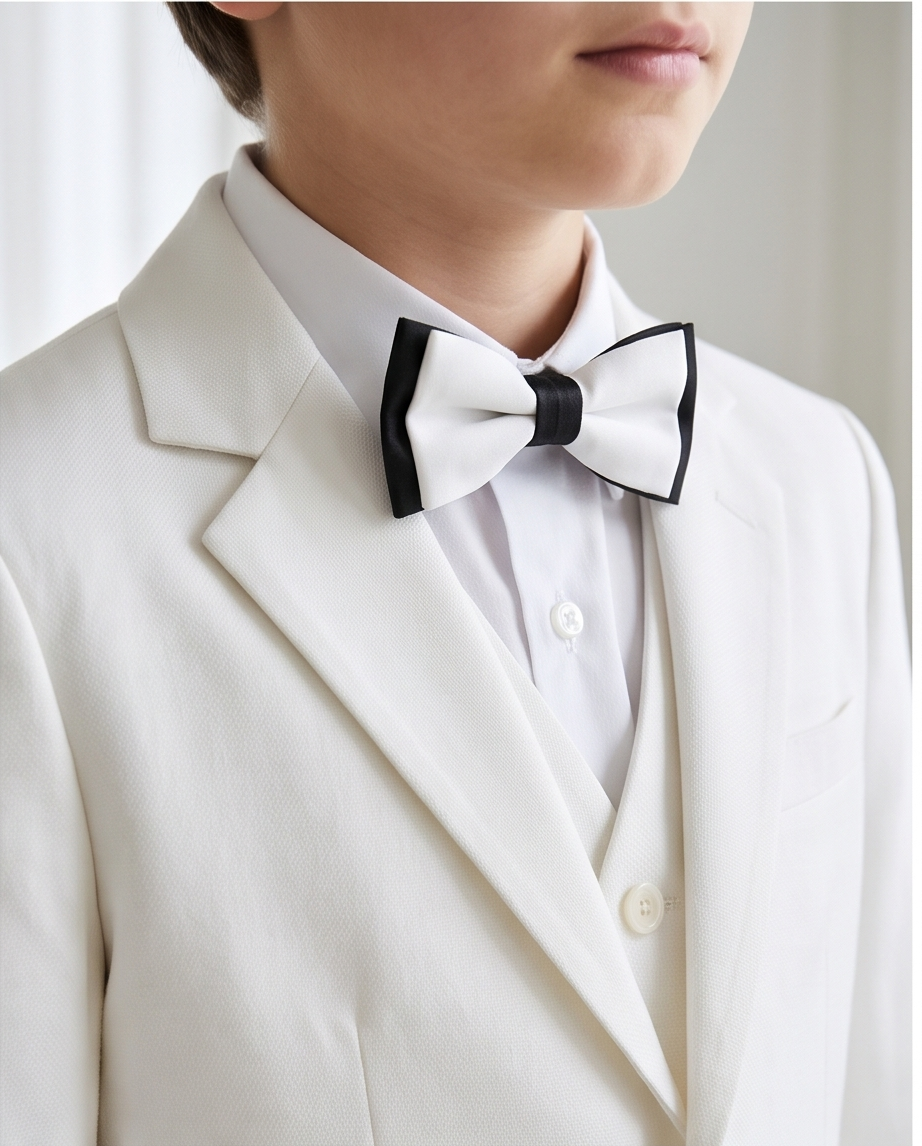 Boy seated wearing white formal suit with matching waistcoat and trousers