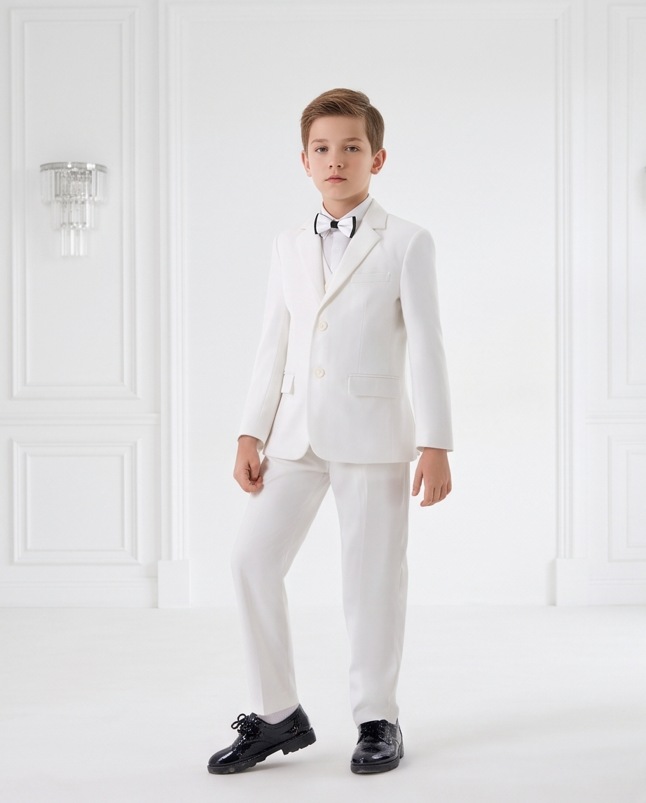 Front view of boy wearing white formal suit with waistcoat and bow tie