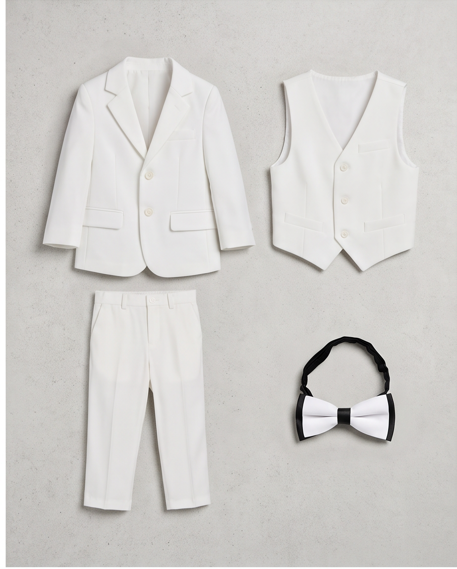 Close-up of boys’ white suit jacket, waistcoat and black-trimmed bow tie
