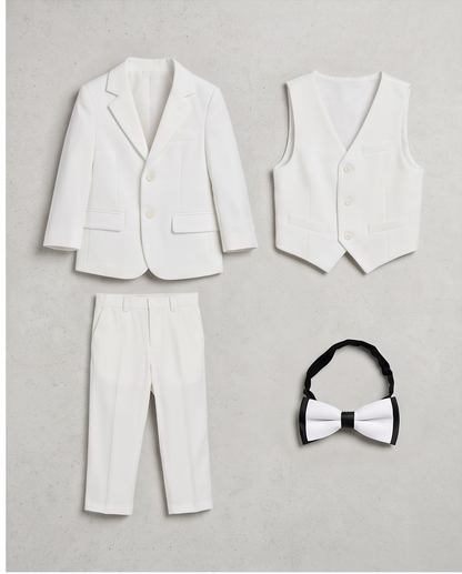 Close-up of boys’ white suit jacket, waistcoat and black-trimmed bow tie