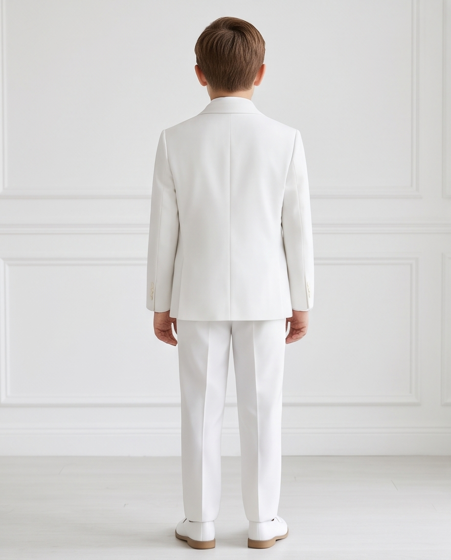 Boys’ white four-piece suit with coat, waistcoat, trousers and black-trimmed white bow tie laid flat