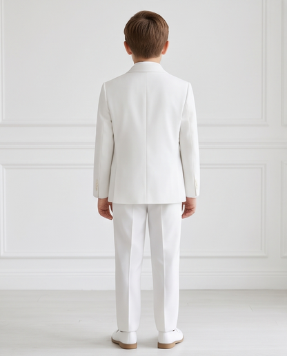 Boys’ white four-piece suit with coat, waistcoat, trousers and black-trimmed white bow tie laid flat