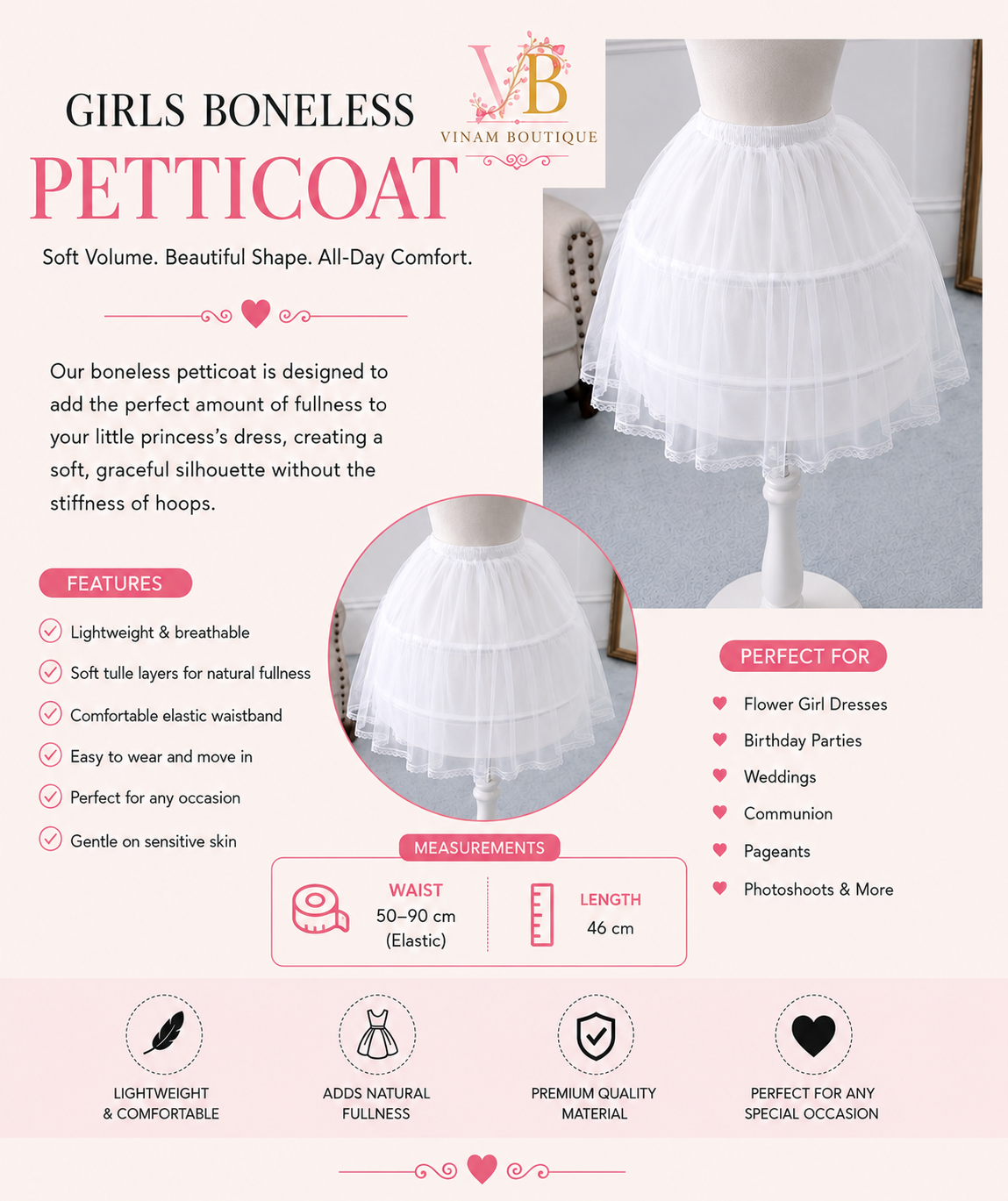 Promotional graphic for a girls' boneless petticoat by VINAM BOUTIQUE, showing a white ruffled underskirt on a dress form, with text detailing features, measurements (waist 50-90 cm elastic, length 46 cm), and use cases.