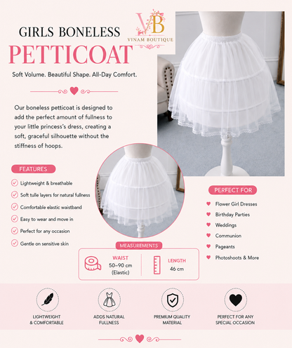 Promotional graphic for a girls' boneless petticoat by VINAM BOUTIQUE, showing a white ruffled underskirt on a dress form, with text detailing features, measurements (waist 50-90 cm elastic, length 46 cm), and use cases.