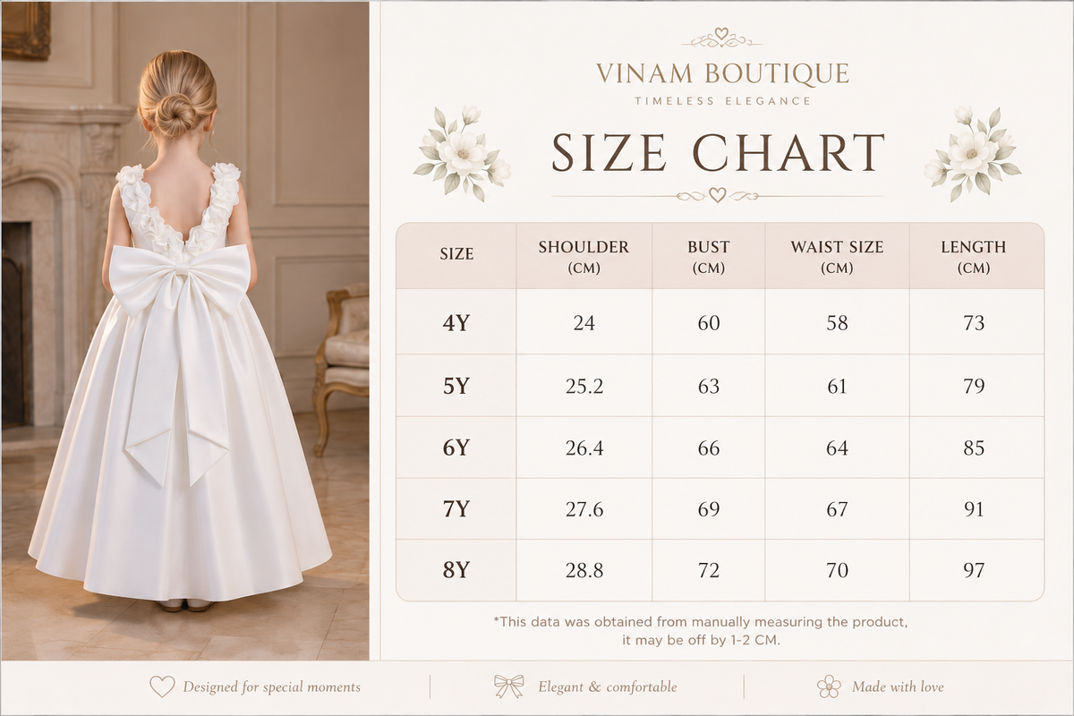 A size chart graphic for a children's white dress by Vinam Boutique, showing a back view of a young girl wearing the dress on the left and a size table on the right with measurements from 4Y to 8Y in centimeters.