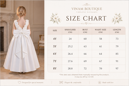 A size chart graphic for a children's white dress by Vinam Boutique, showing a back view of a young girl wearing the dress on the left and a size table on the right with measurements from 4Y to 8Y in centimeters.