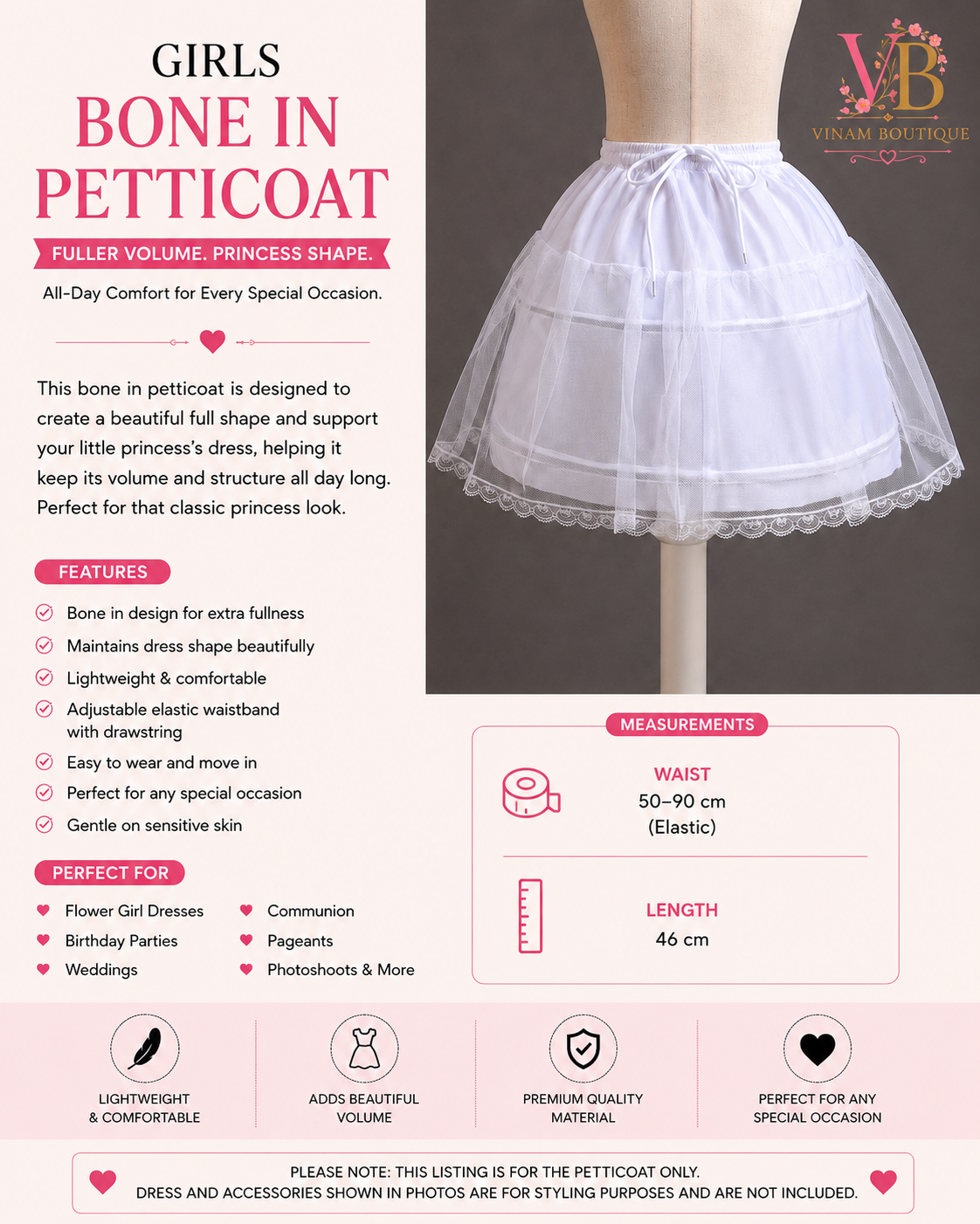 Promotional listing graphic for the 'Girls Bone In Petticoat' by Vinam Boutique. The left side features product details, including a list of features, a 'Perfect For' section with icons for occasions like flower gal dresses and weddings, and a measurements chart indicating a waist of 50-90 cm (length 46 cm).