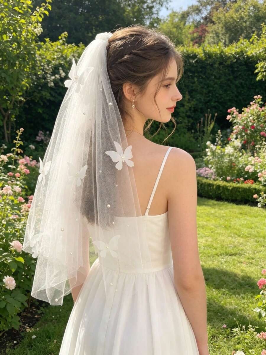 Girl wearing white butterfly and pearl tulle communion veil, side profile view indoors